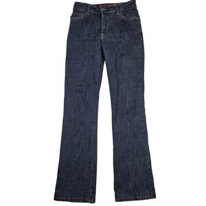 Mu Jeans Authentic Dungarees Dark Wash Bootcut Denim Pants Red Stitching Sz 28
